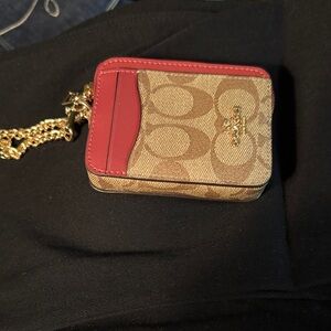 Coach Beige and Red Mini Wallet with Gold Chain